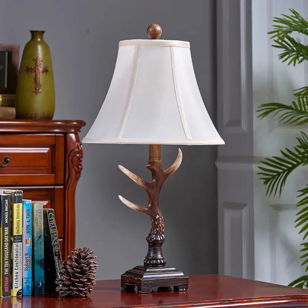 1-Light Traditional Brown Fabric Desk Lamp with Branch Base - Perfect Bedroom Reading Light