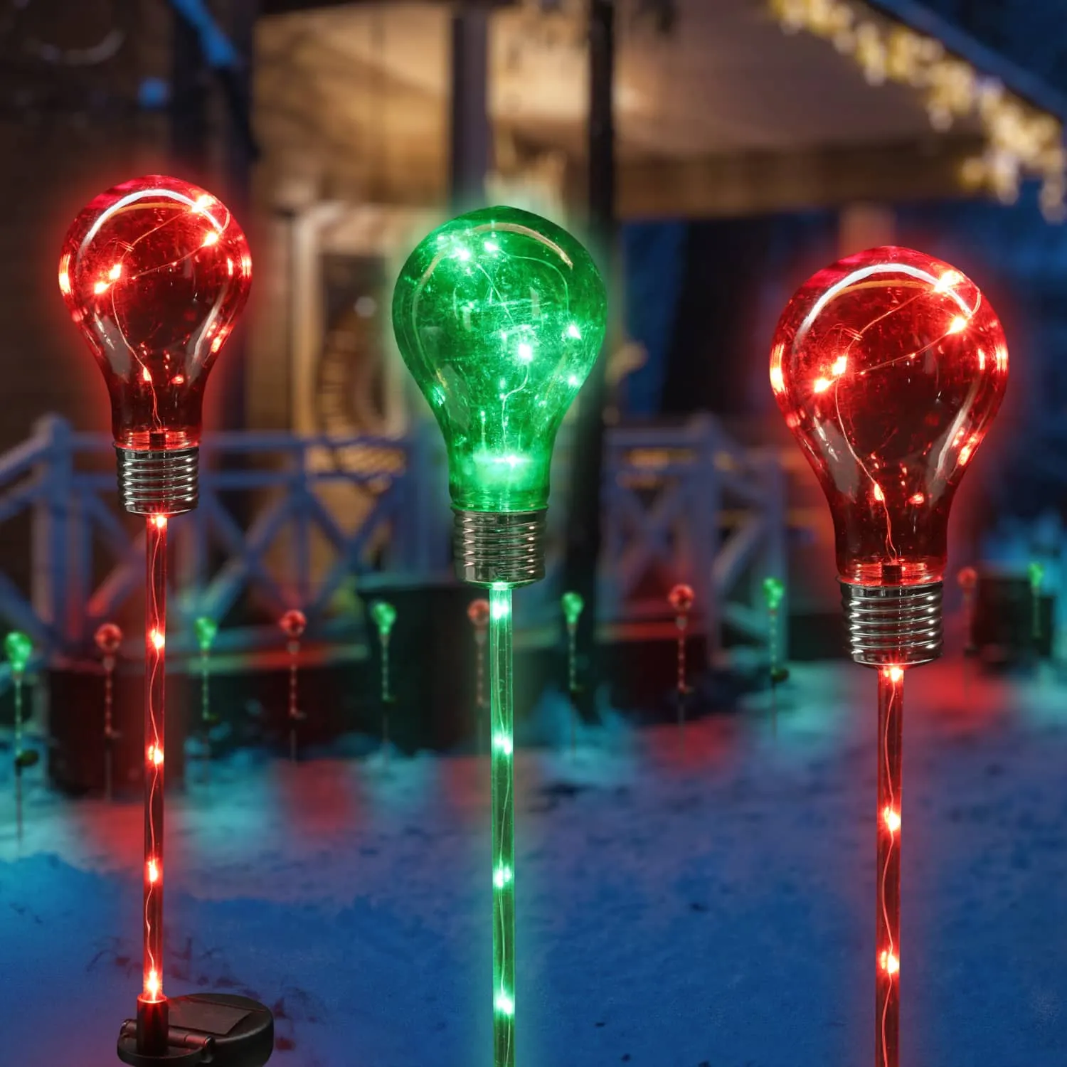 2 Piece Solar Holiday Light Bulb Stake Set in Green and Red, 2.5 x 19.5 Inches