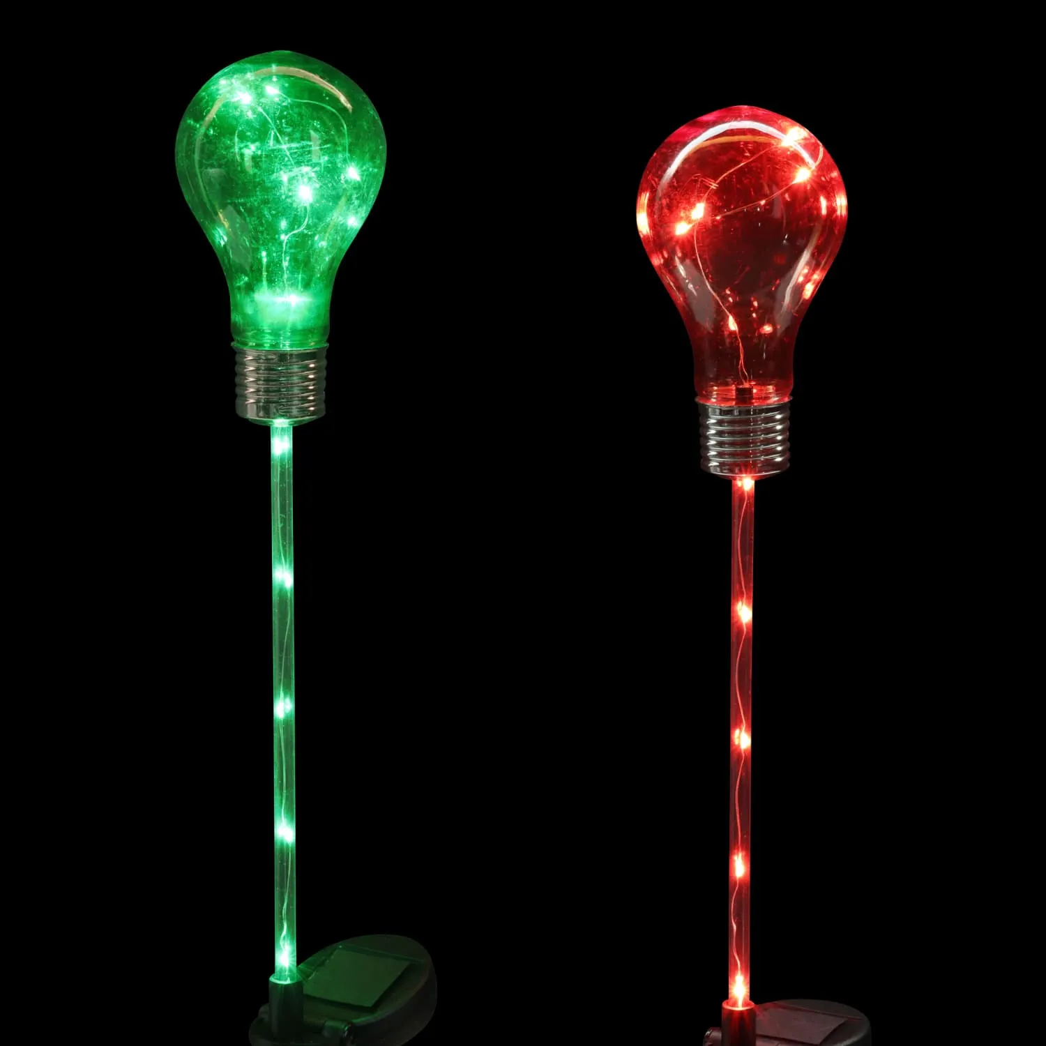 2 Piece Solar Holiday Light Bulb Stake Set in Green and Red, 2.5 x 19.5 Inches