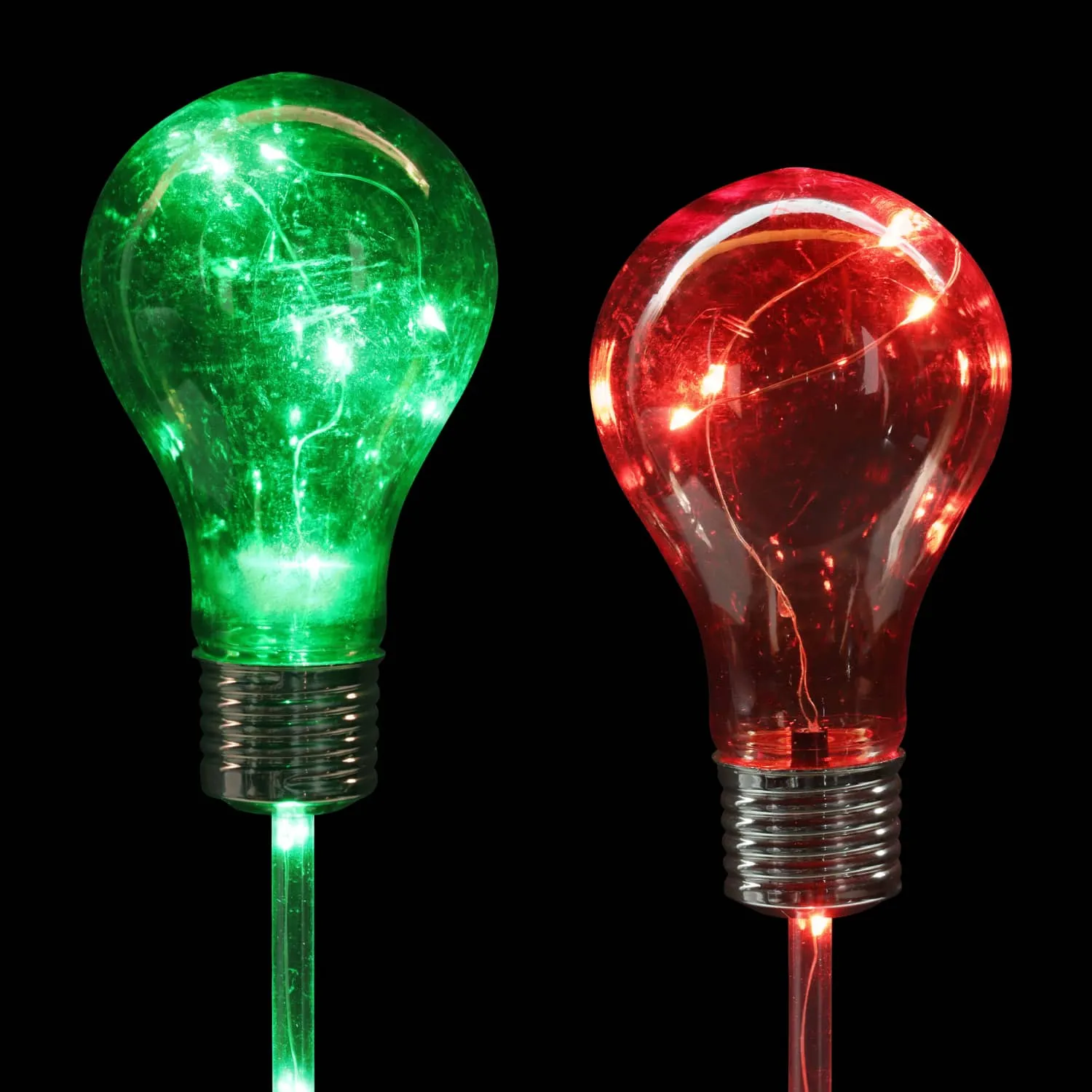 2 Piece Solar Holiday Light Bulb Stake Set in Green and Red, 2.5 x 19.5 Inches