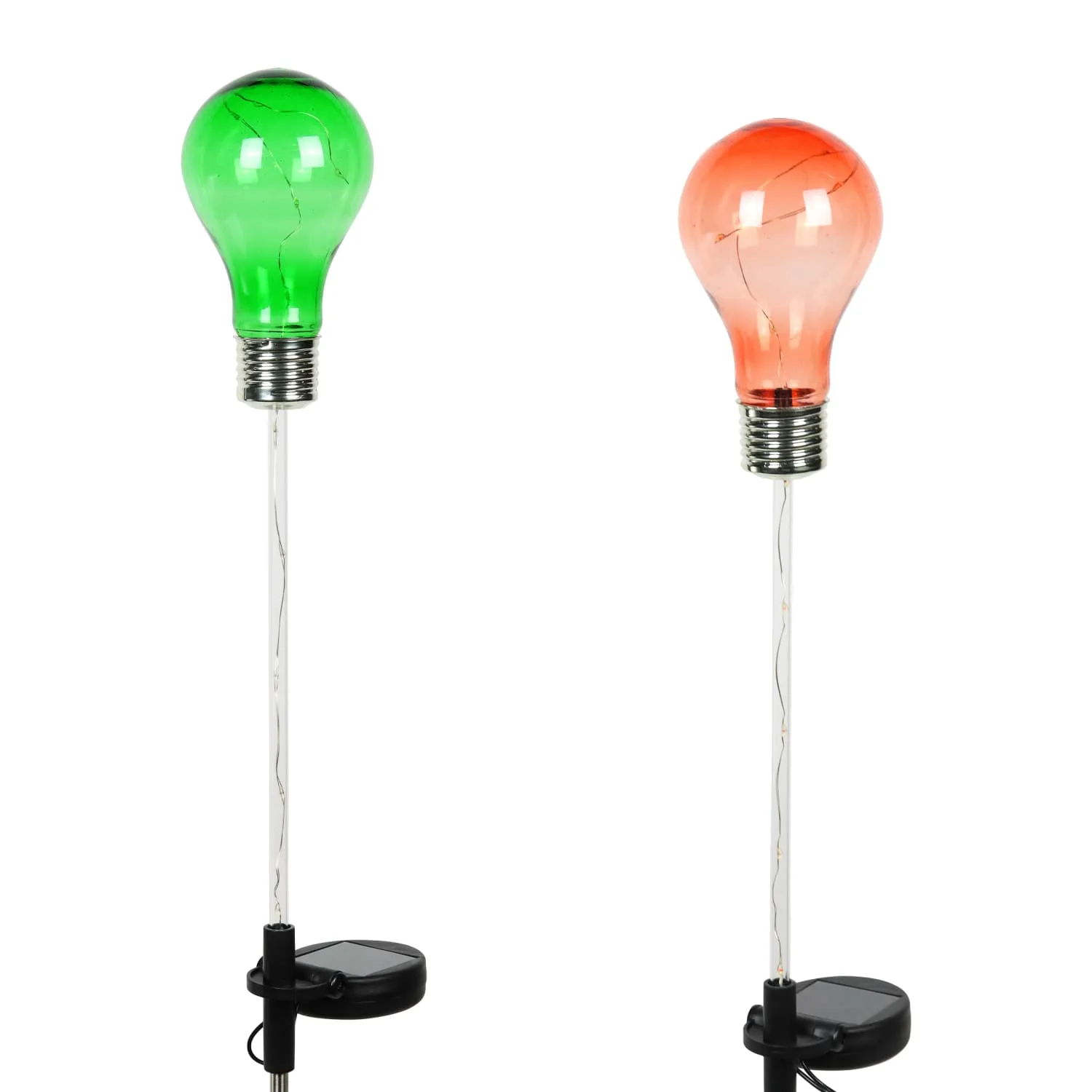 2 Piece Solar Holiday Light Bulb Stake Set in Green and Red, 2.5 x 19.5 Inches