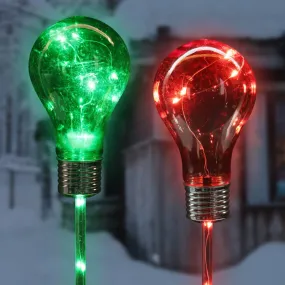 2 Piece Solar Holiday Light Bulb Stake Set in Green and Red, 2.5 x 19.5 Inches