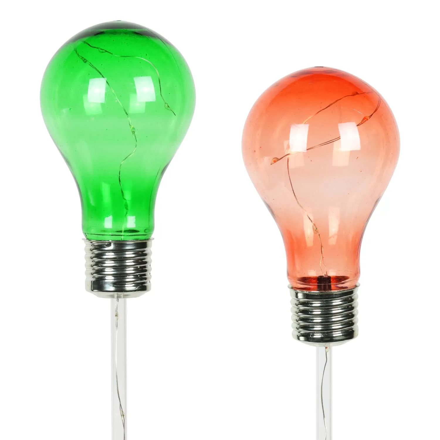 2 Piece Solar Holiday Light Bulb Stake Set in Green and Red, 2.5 x 19.5 Inches