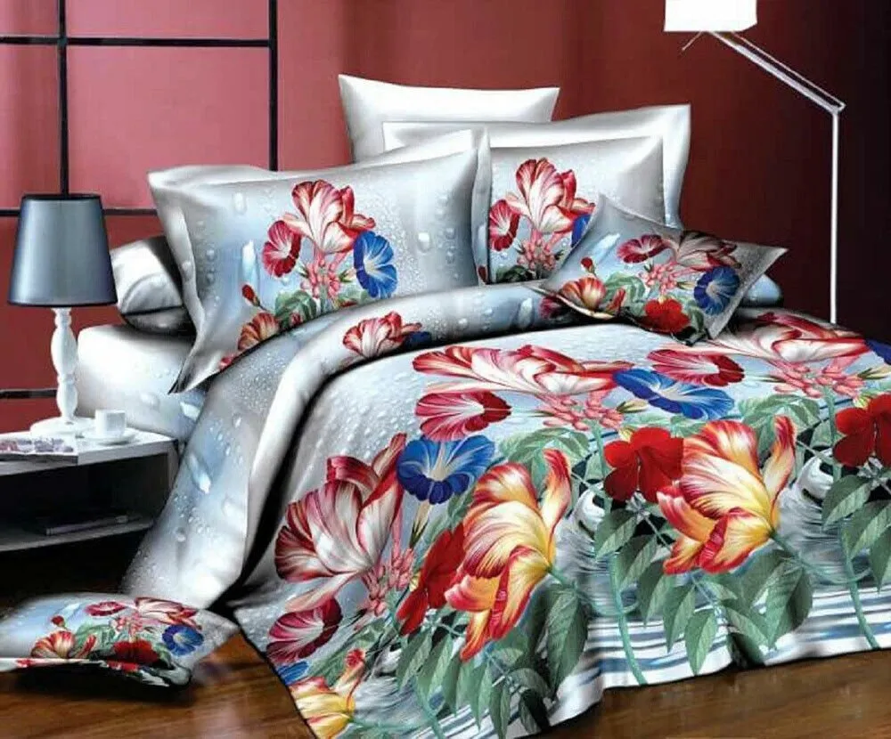 3D 4piece Bedding Set Duvet Cover Colorful Fitted Sheet Complete Floral Printed Set & 2 Pillowcases (301)