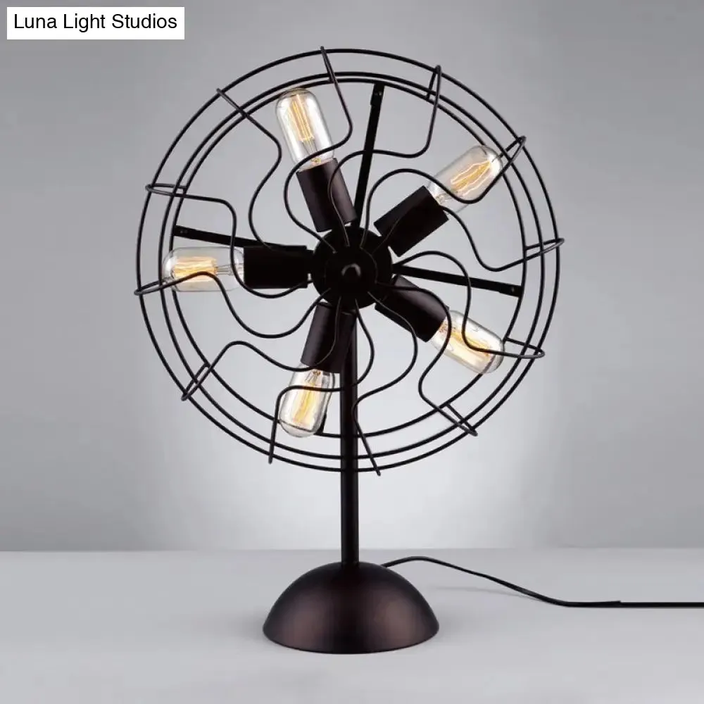 5-Bulb Farmhouse Style Table Lamp with Fan Design, Cage Shade, and Metallic Black Finish – Perfect for Bedroom