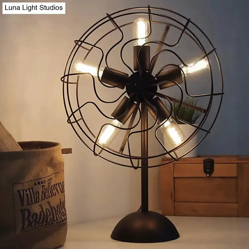 5-Bulb Farmhouse Style Table Lamp with Fan Design, Cage Shade, and Metallic Black Finish – Perfect for Bedroom