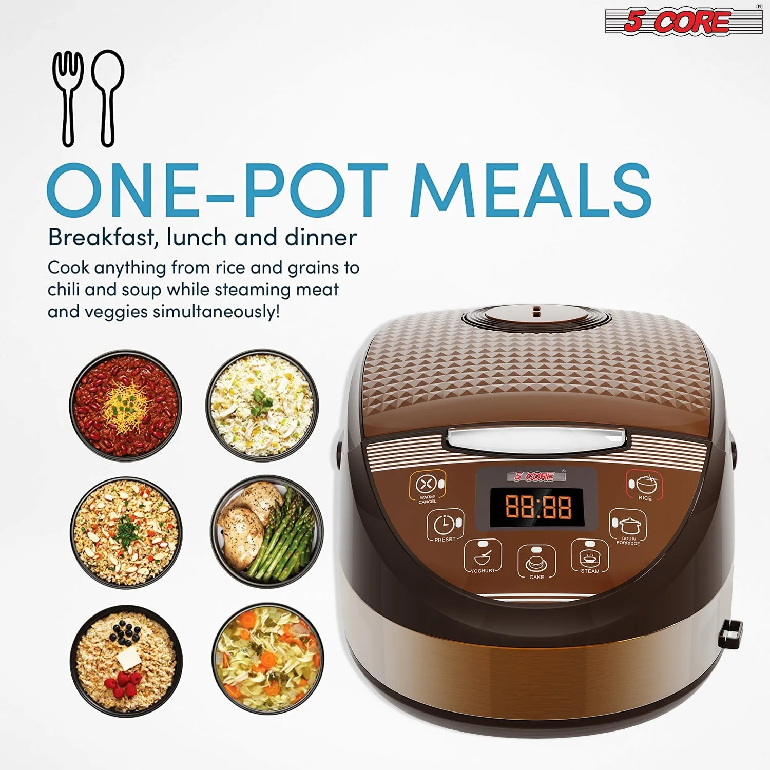 5 Core 5.3Qt Asian Rice Cooker Digital Programmable 15-in-1 Ergonomic