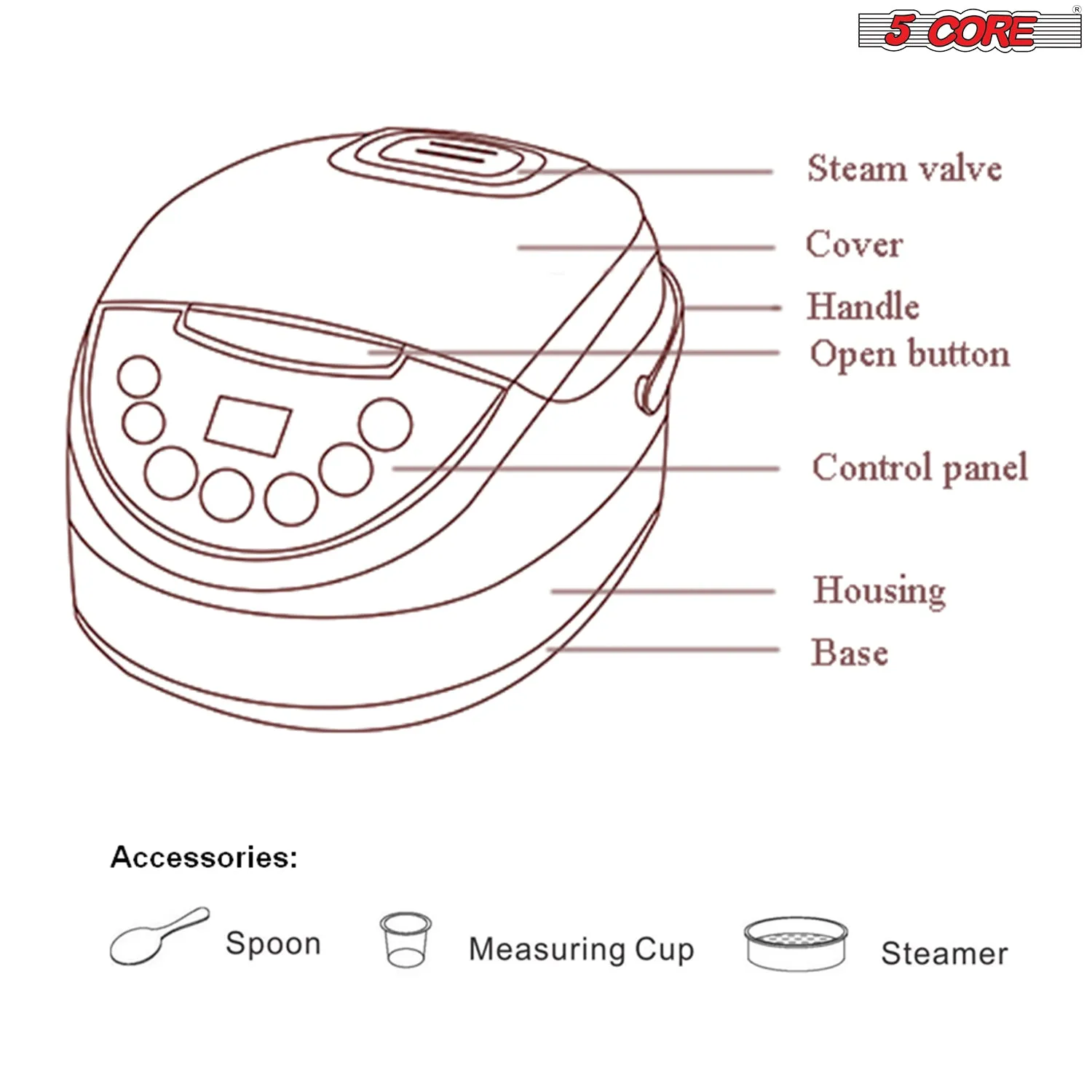 5 Core 5.3Qt Asian Rice Cooker Digital Programmable 15-in-1 Ergonomic