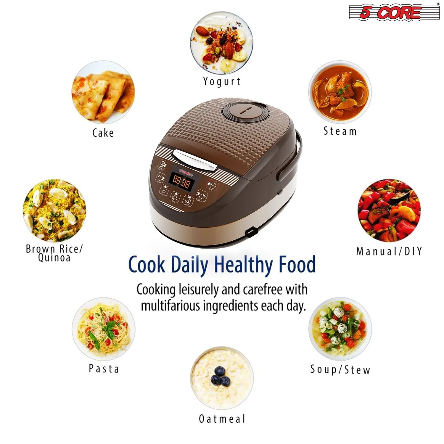 5 Core 5.3Qt Asian Rice Cooker Digital Programmable 15-in-1 Ergonomic