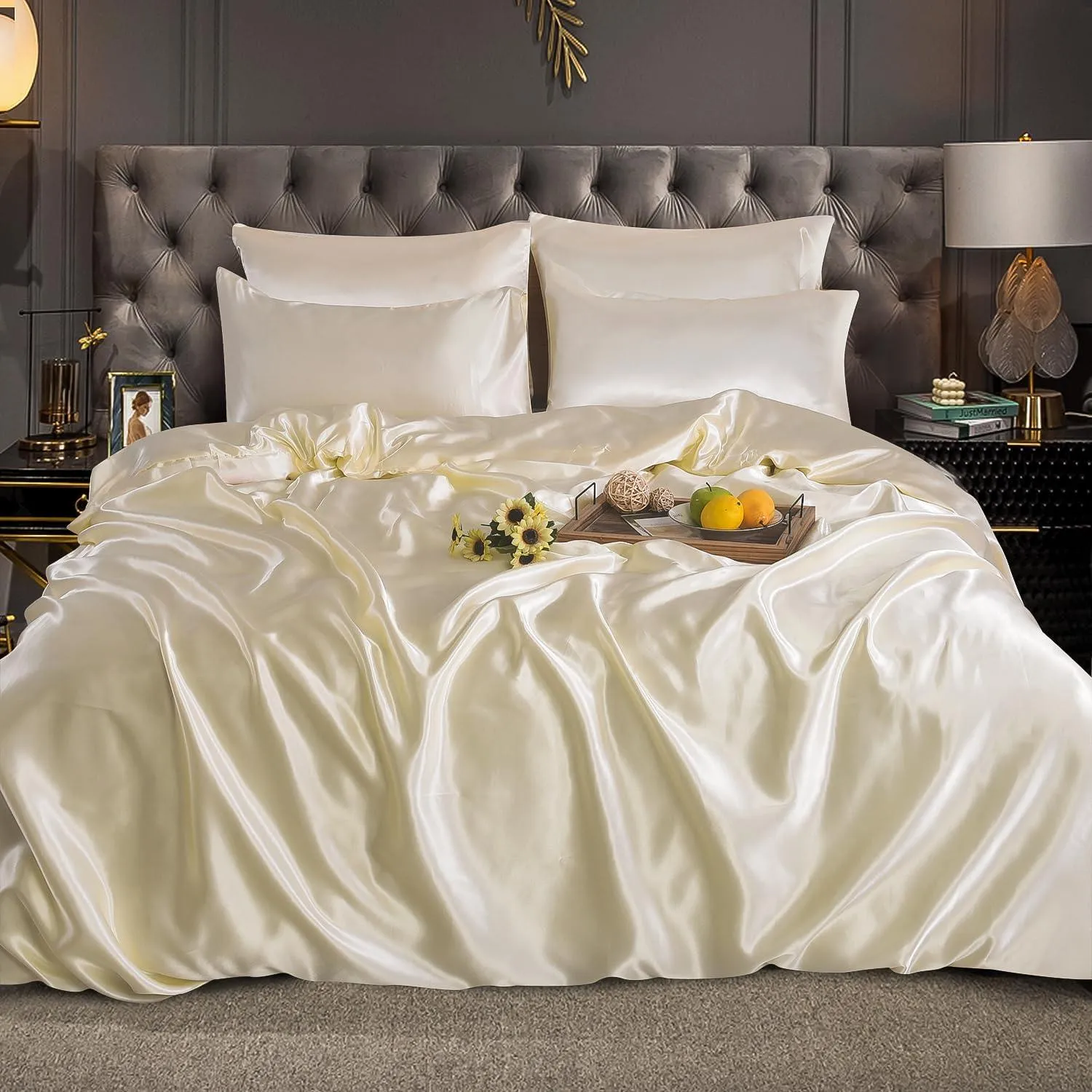 6PC Cream Satin Bedding Set – Duvet, Fitted Sheet & Pillowcases