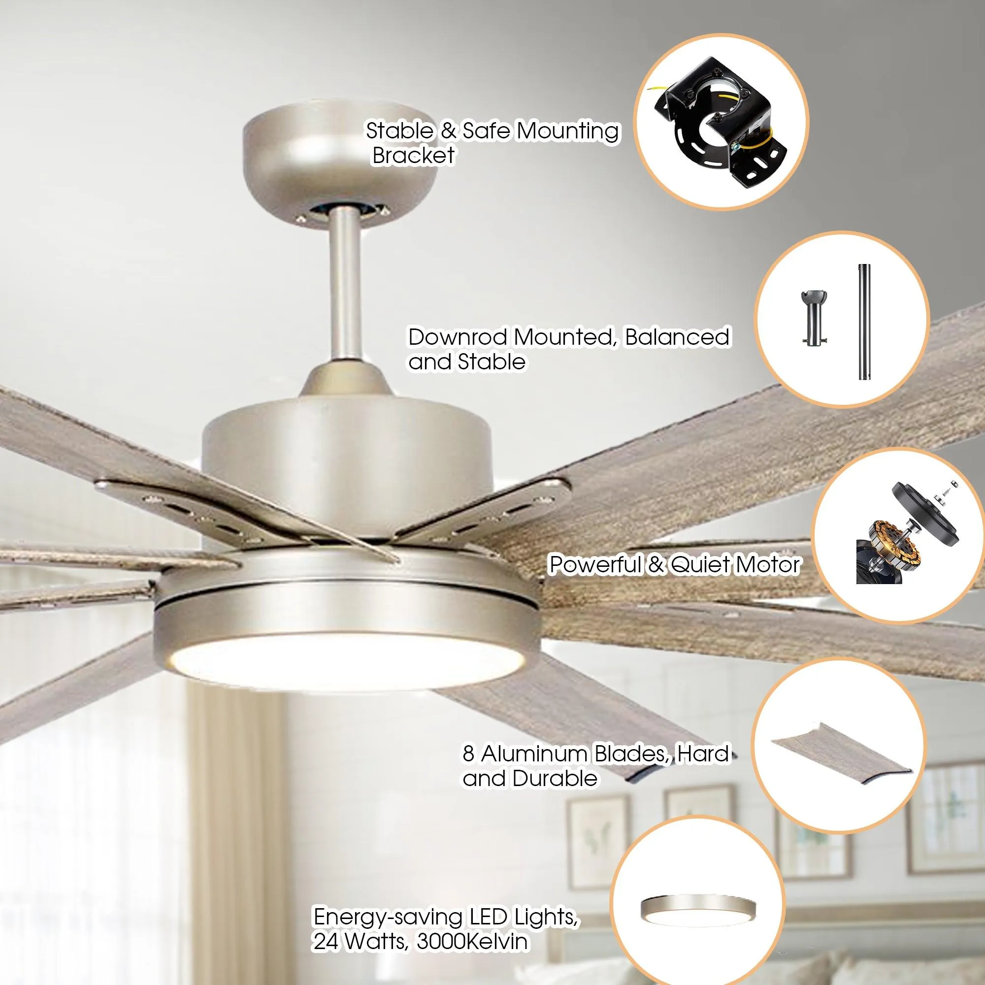 72" Bankston Modern Satin Nickel DC Motor Downrod Mount Ceiling Fan with LED Lighting and Remote Control