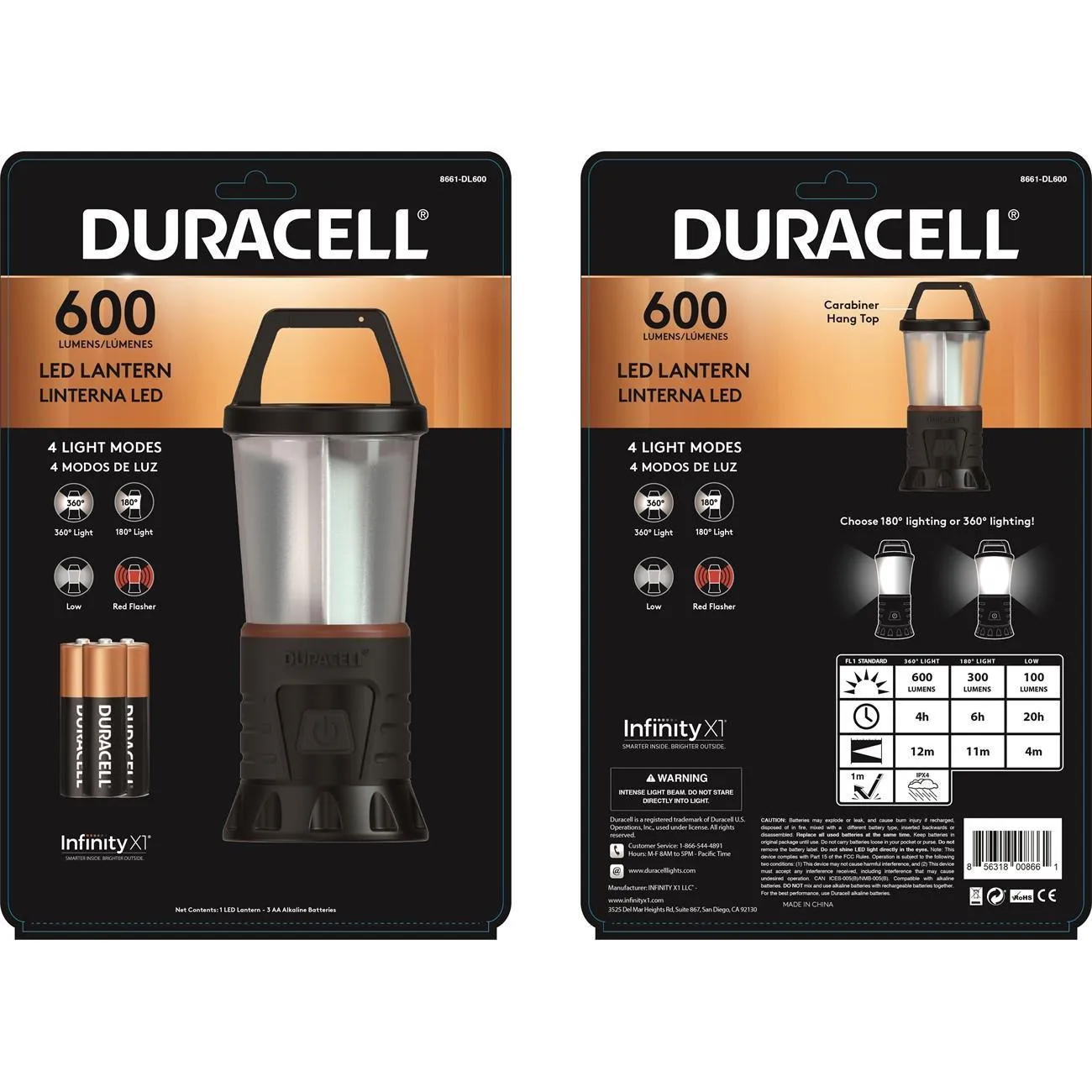 8661-DL600 Duracell Compact Lantern with 180/360 Degree Area Lighting, 600 Lumens, 3-AA