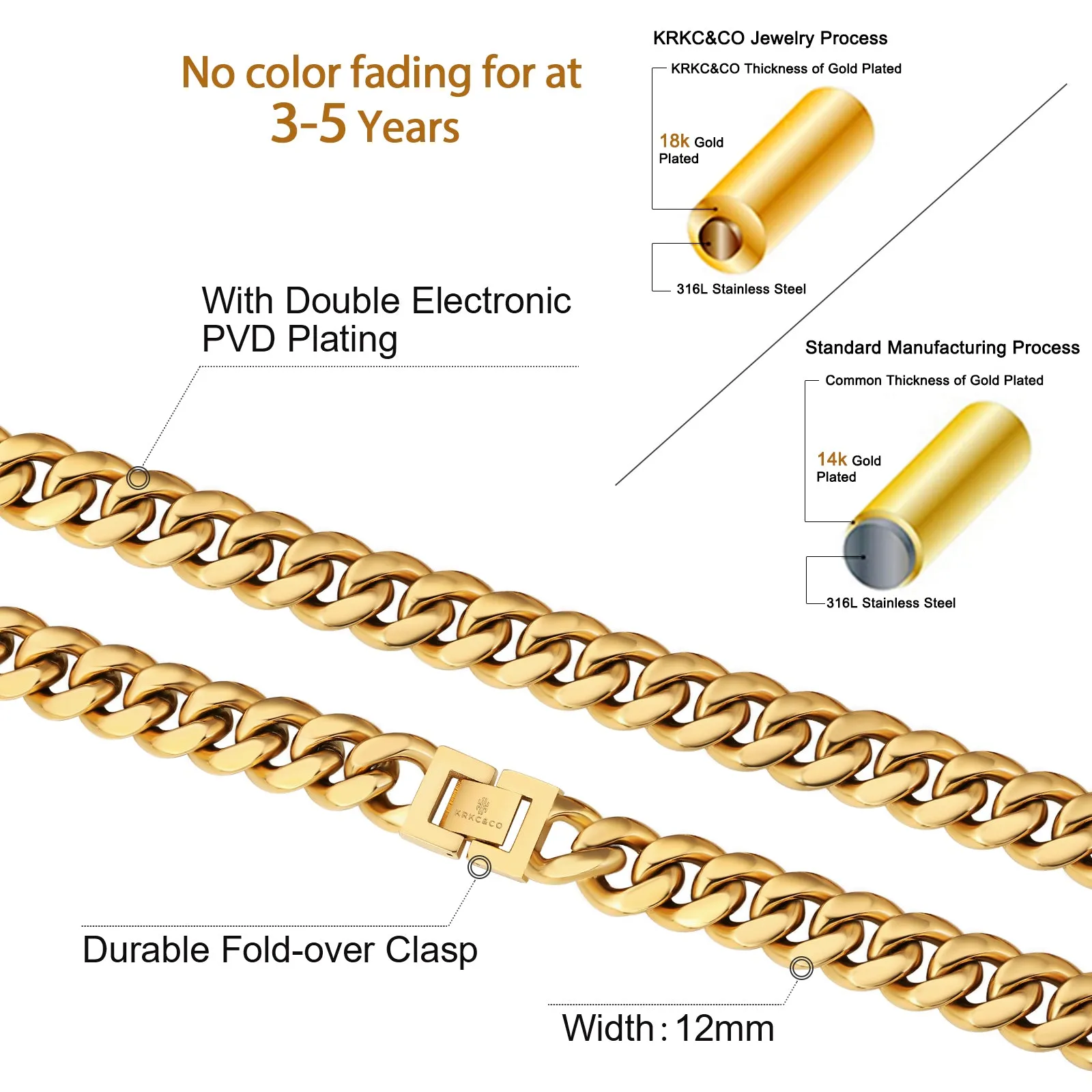 8mm/10mm/12mm Miami Cuban Link Chain with Buckle Clasp in 18K Gold / White Gold