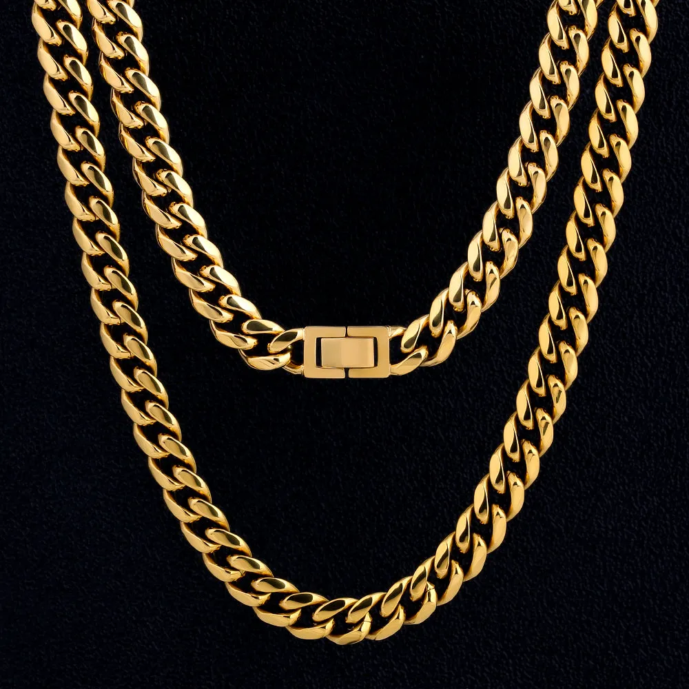 8mm/10mm/12mm Miami Cuban Link Chain with Buckle Clasp in 18K Gold / White Gold