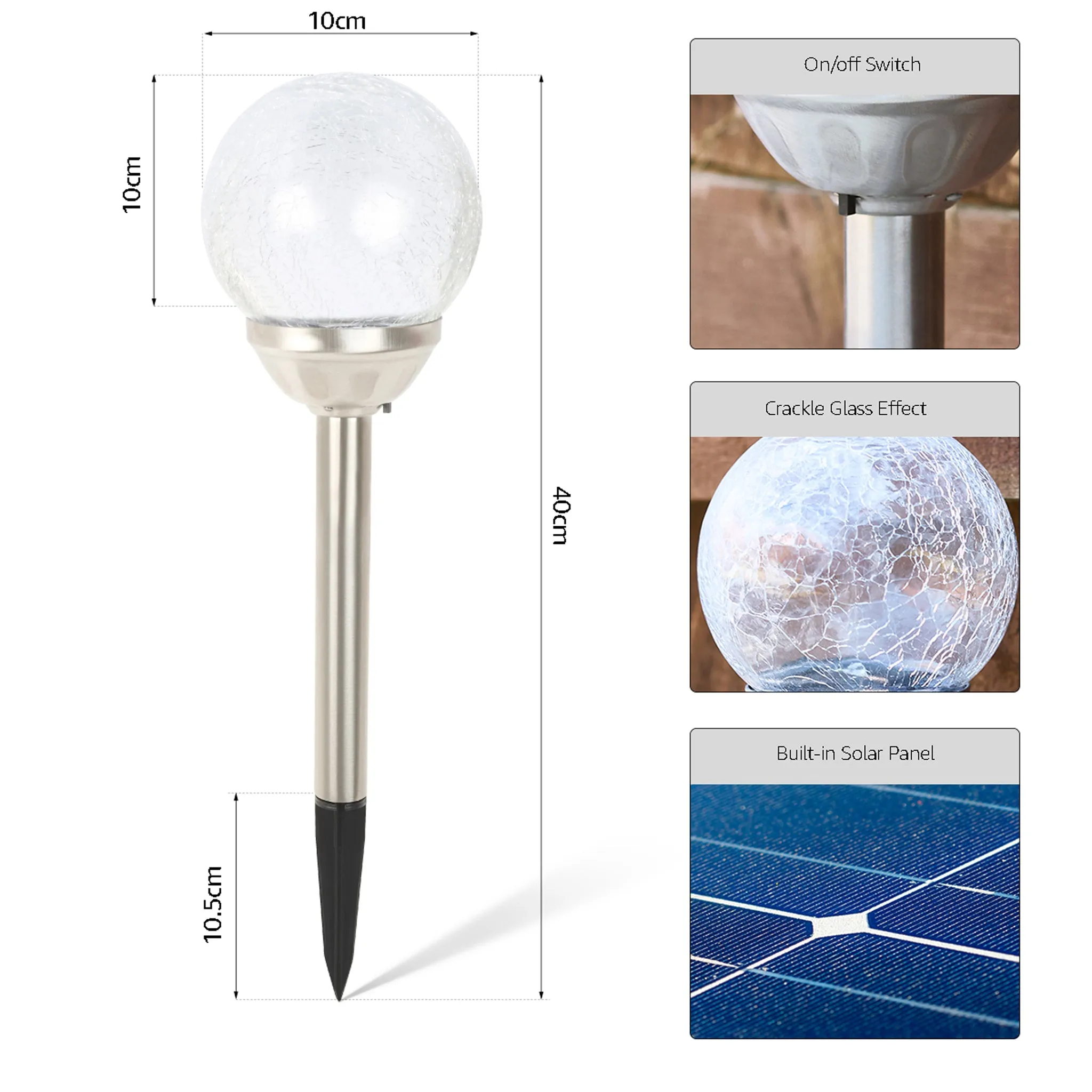 Alma Garden Solar Light LED Crackle Glass Lamp Silver - 34.5cm