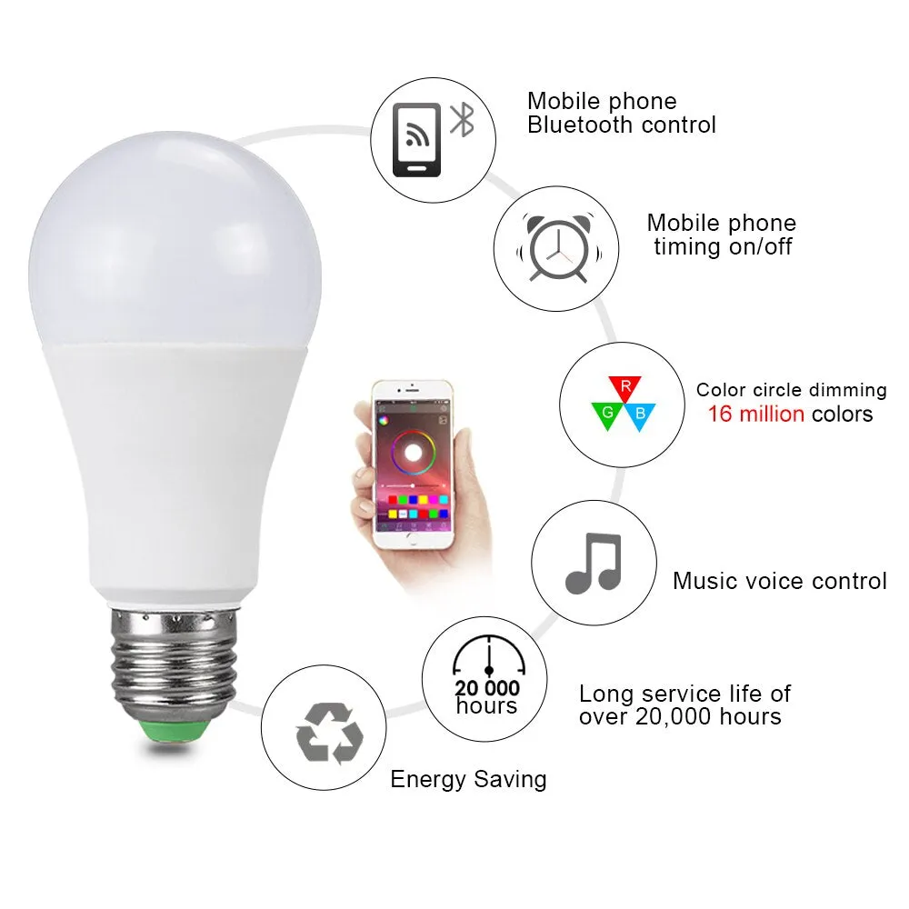 Ampoule LED E27 Wireless Bluetooth Smart Bulb 15W 85-265V  RGBW LED Light Bulb Music Control 20 Modes Apply to IOS /Android