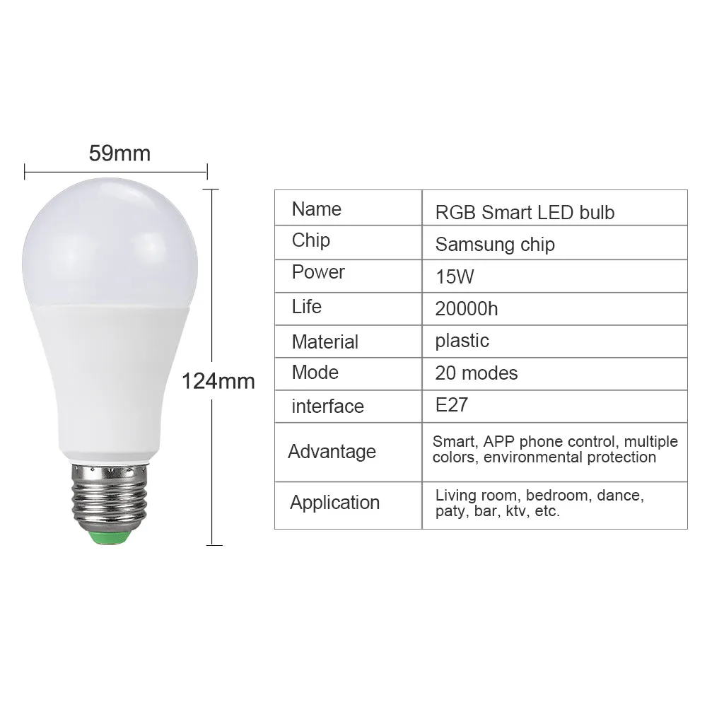 Ampoule LED E27 Wireless Bluetooth Smart Bulb 15W 85-265V  RGBW LED Light Bulb Music Control 20 Modes Apply to IOS /Android