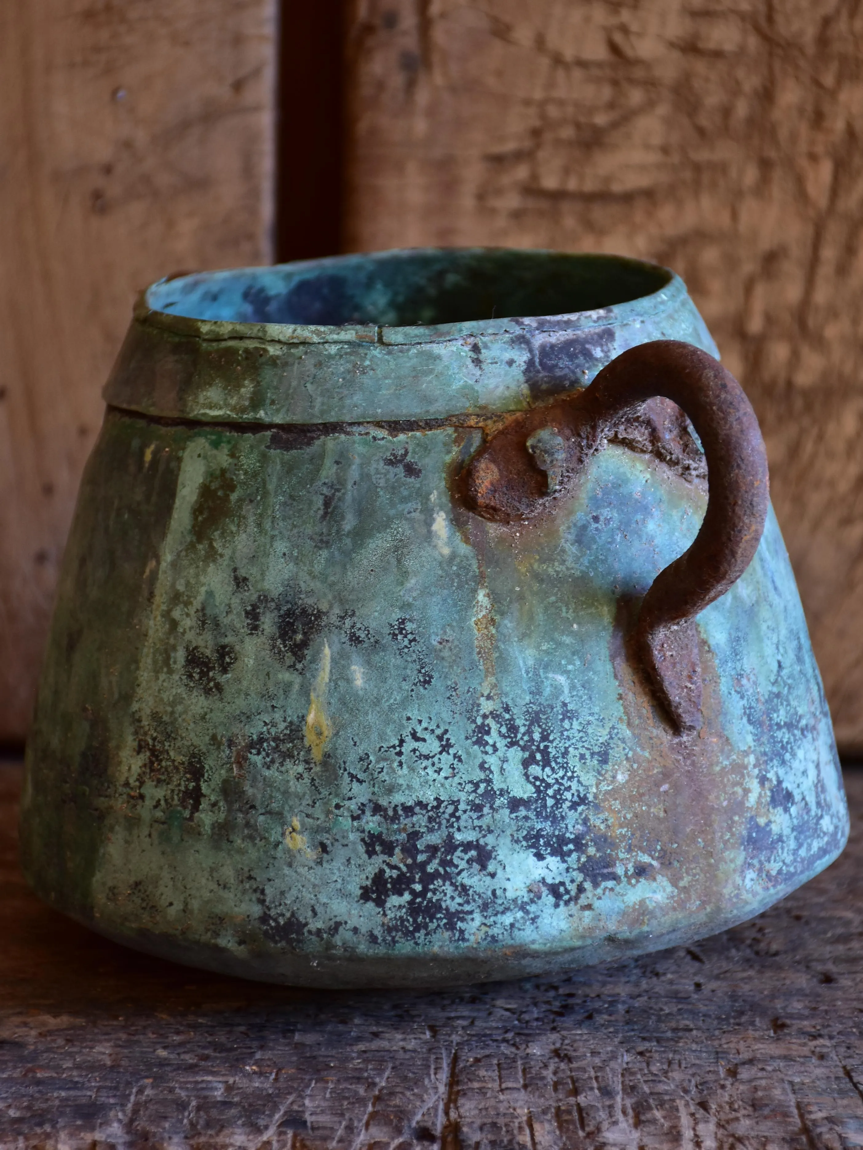 Antique French copper saucepan with blue patina - small