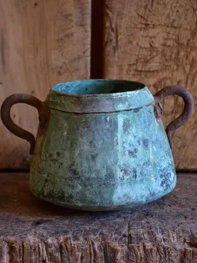 Antique French copper saucepan with blue patina - small