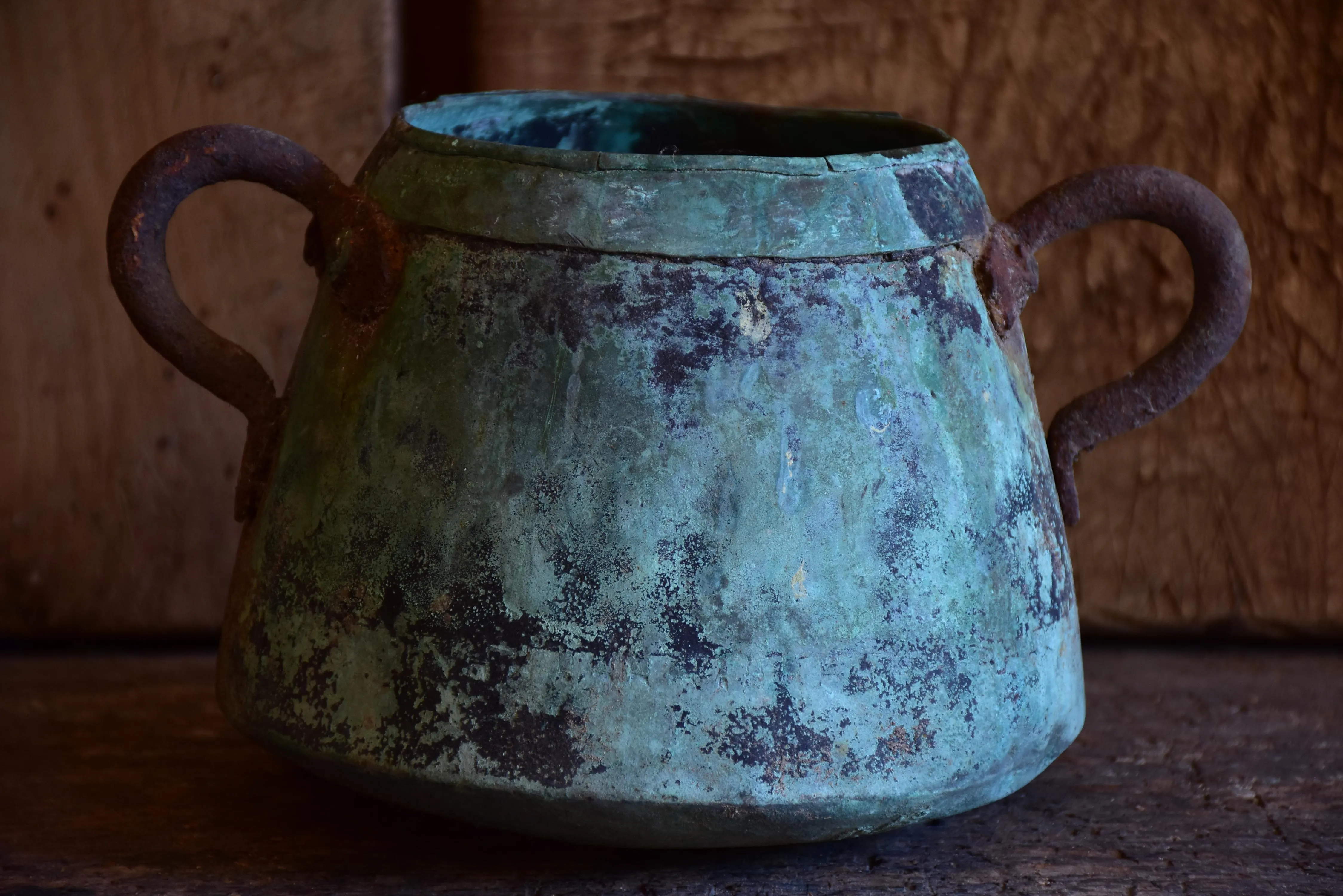 Antique French copper saucepan with blue patina - small