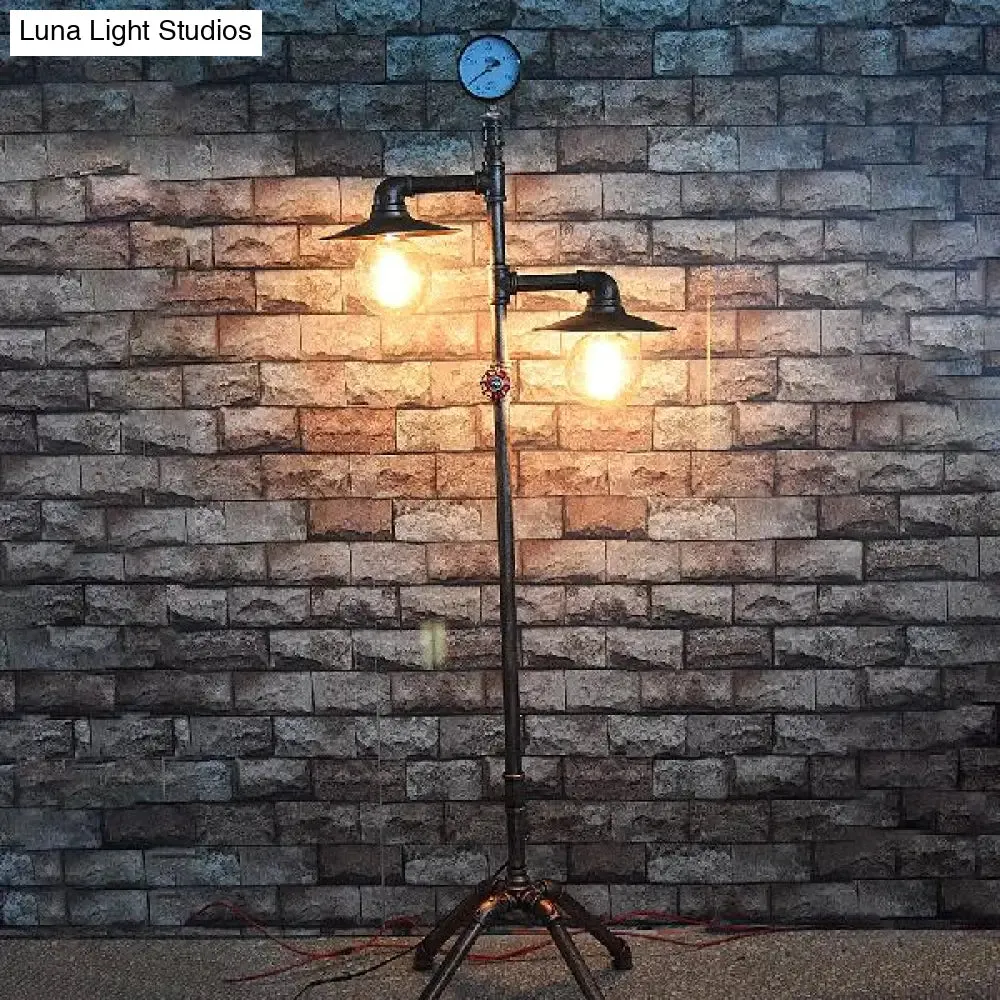 Antique Style Wrought Iron Floor Lamp with Flat Bronze Shade - 2 Lights - Perfect for Living Room