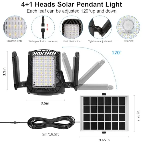 Aqonsie Solar Shed Light Outdoor Indoor, 176LED Solar Powered Motion Sensor Pendant Light Daytime Available, Solar Indoor Lights with 5 Lighting Modes & Remote for Shed Gazebo Barn Garage Home