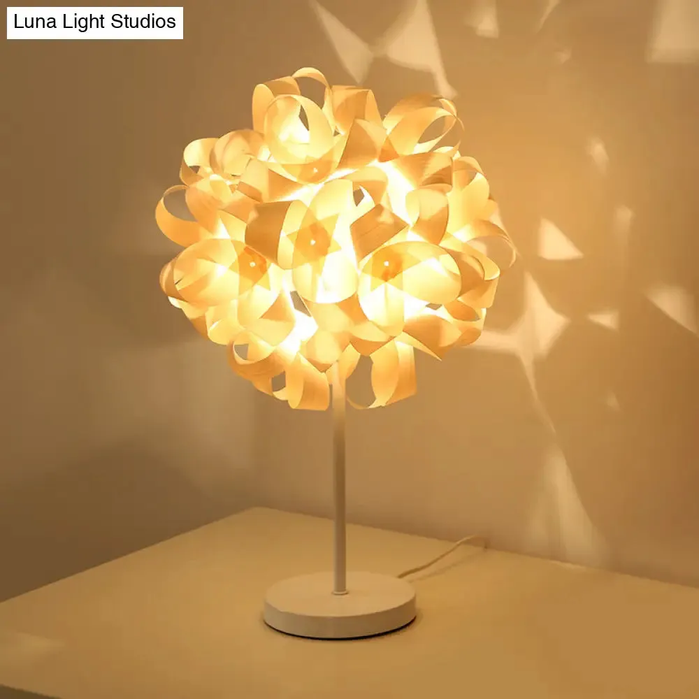 Asian Beige Bedside Desk Lamp with Floral Wood Shade - Small Size, Task Lighting