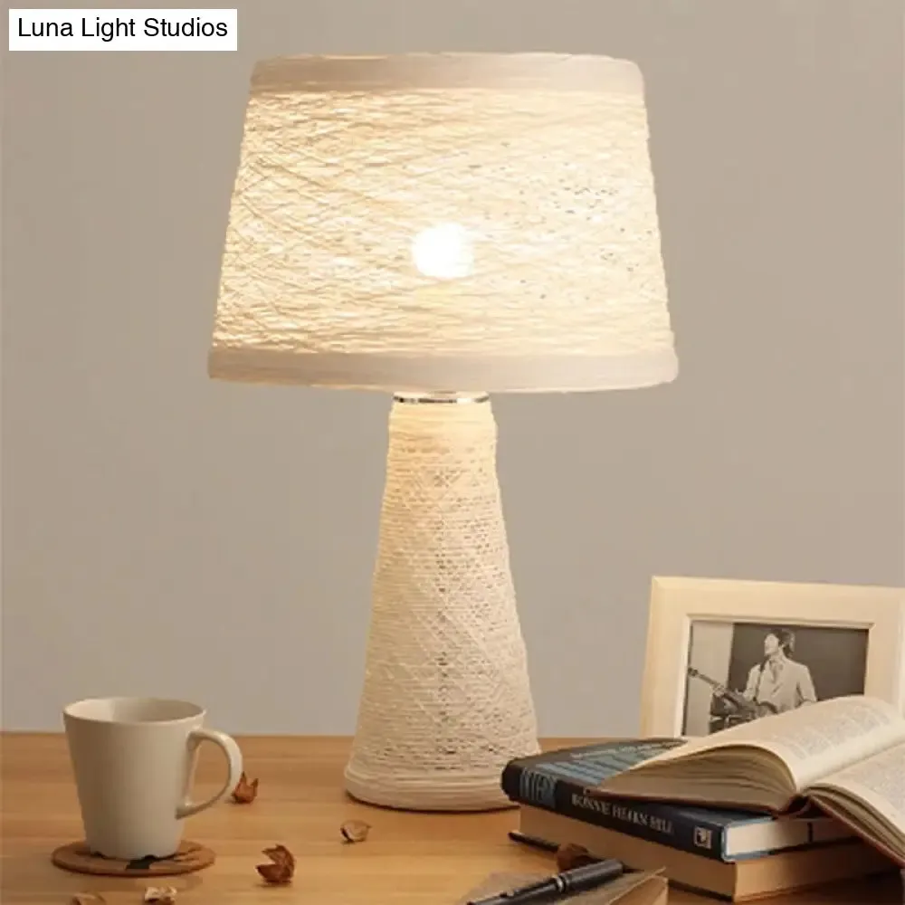 Asian Style Study Room Desk Light: White/Tan Reading Lamp with Rattan Shade