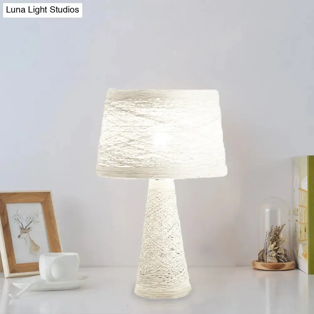 Asian Style Study Room Desk Light: White/Tan Reading Lamp with Rattan Shade