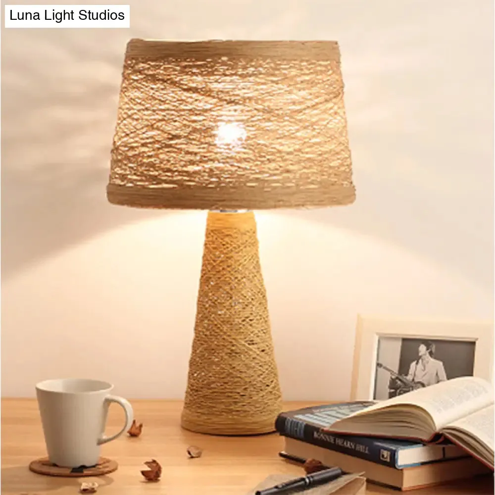 Asian Style Study Room Desk Light: White/Tan Reading Lamp with Rattan Shade