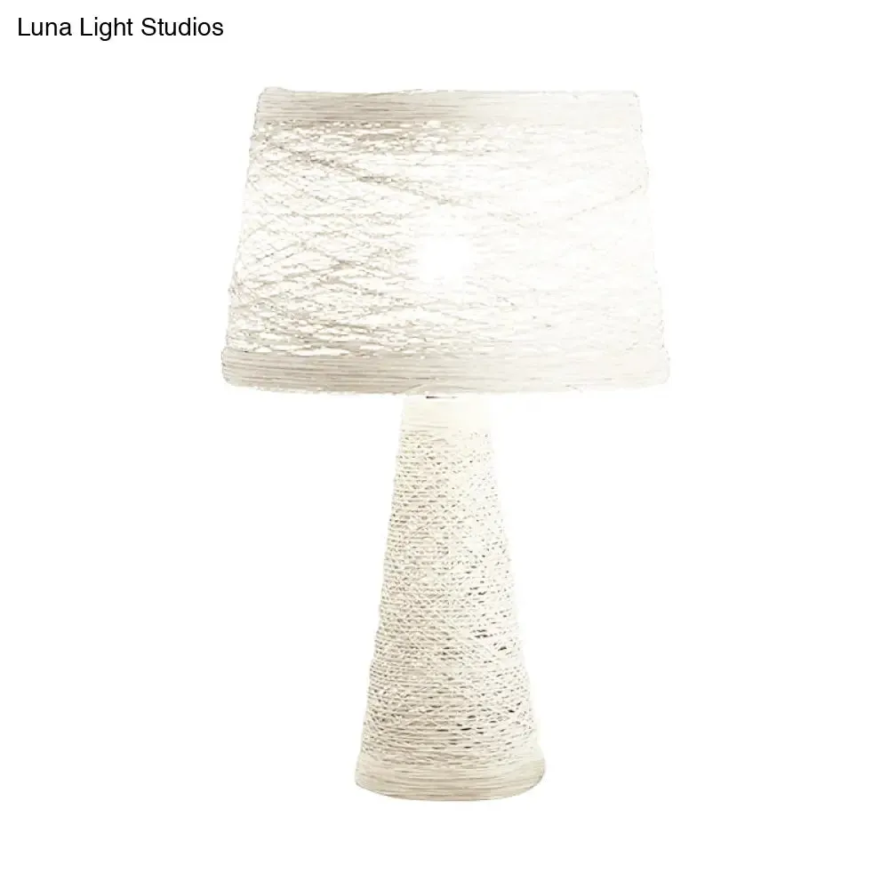 Asian Style Study Room Desk Light: White/Tan Reading Lamp with Rattan Shade