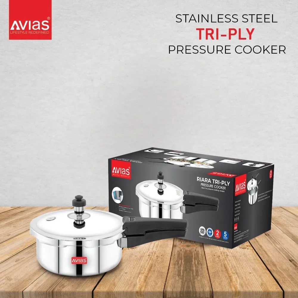 AVIAS Riara Premium Stainless Steel Tri-Ply Pressure Cooker With Outer Lid | Gas & Induction Compatible | Silver