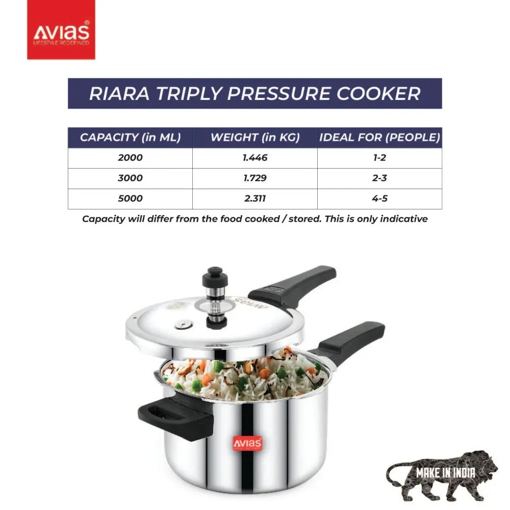 AVIAS Riara Premium Stainless Steel Tri-Ply Pressure Cooker With Outer Lid | Gas & Induction Compatible | Silver