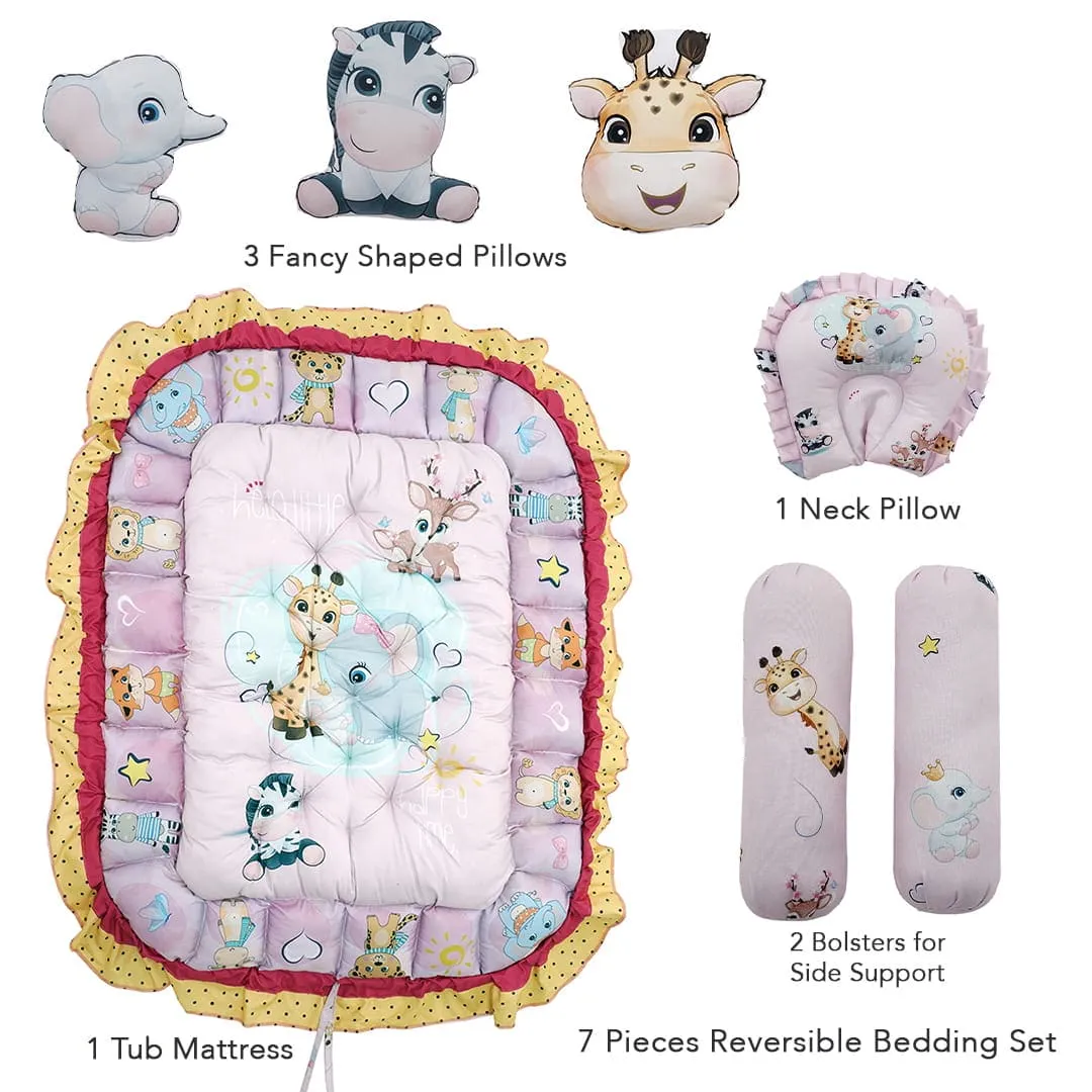 Baby Moo Animal Kingdom Premium Reversible Bedding Set With 6 Pillows And Tub Mattress Set - Pink