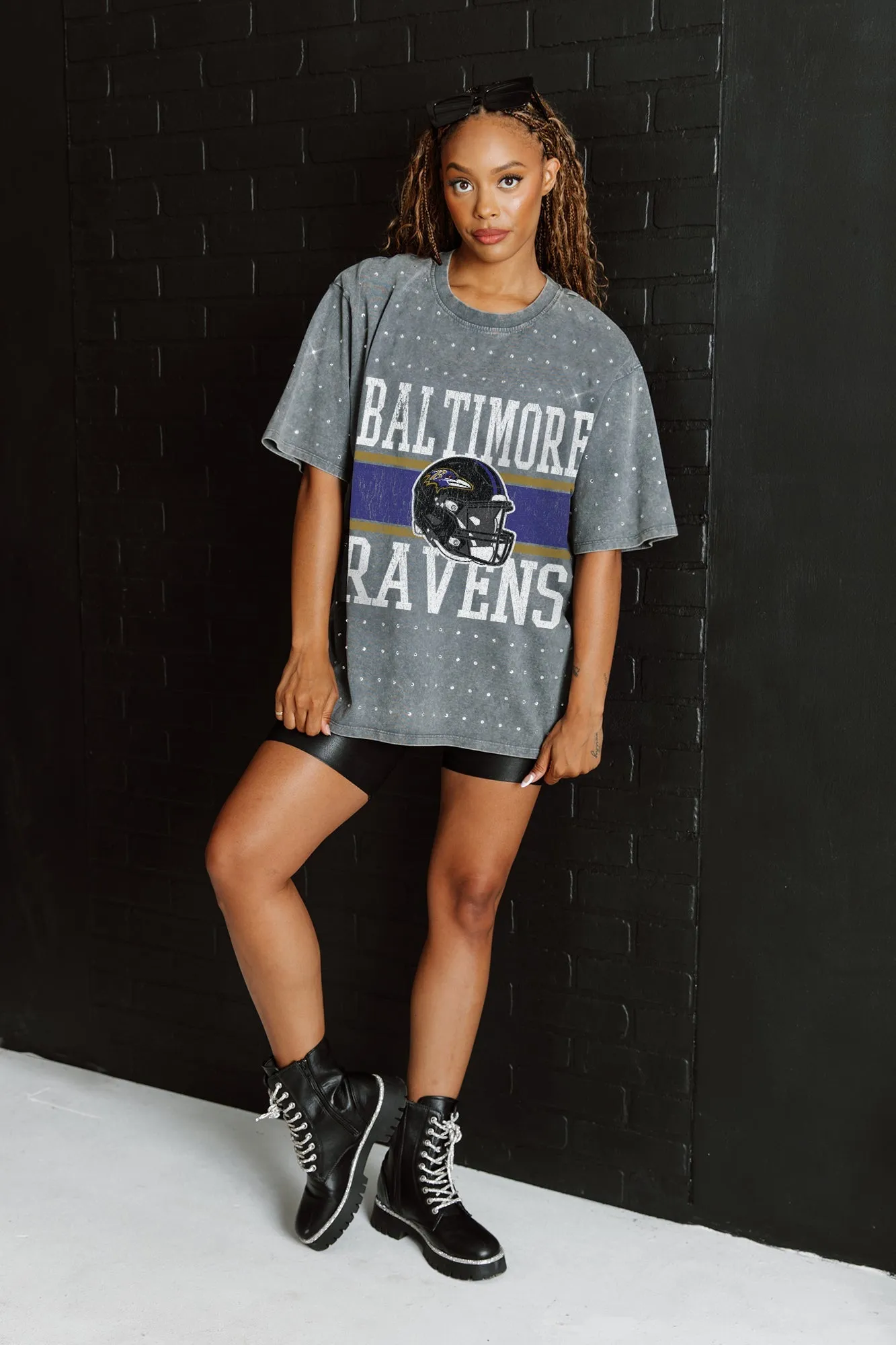 BALTIMORE RAVENS ON THE BALL MINI RHINESTONE SHORT SLEEVE CLASSIC TEE