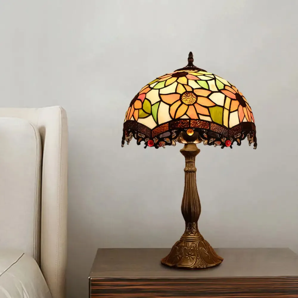 Baroque Bronze Stained Art Glass Nightstand Light for Bedroom - Scalloped 1-Light Floral Patterned Night Lamp