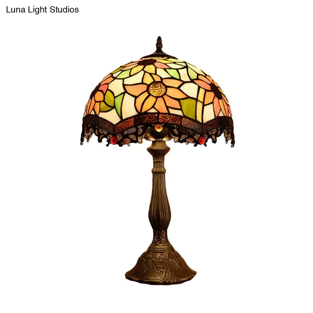 Baroque Bronze Stained Art Glass Nightstand Light for Bedroom - Scalloped 1-Light Floral Patterned Night Lamp