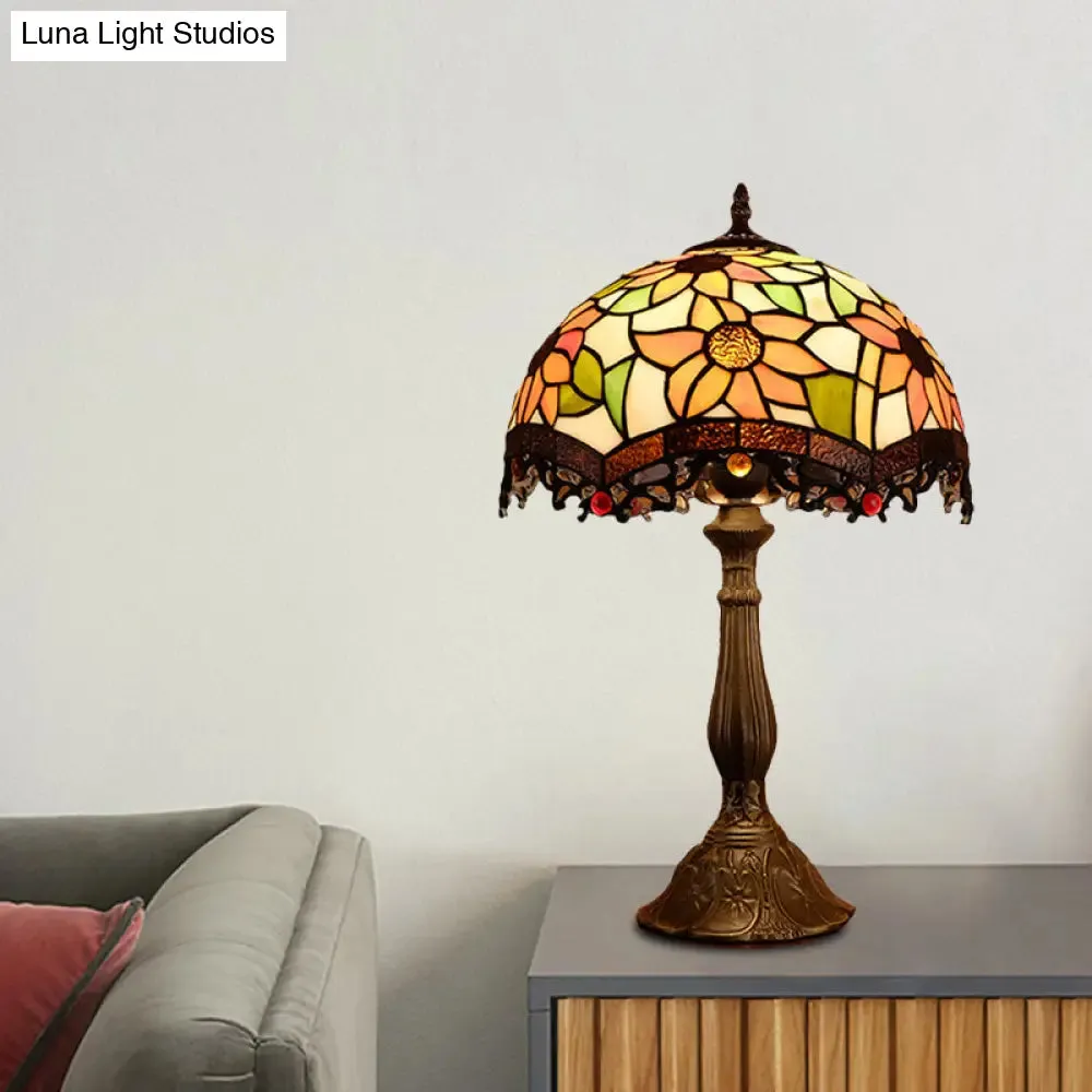 Baroque Bronze Stained Art Glass Nightstand Light for Bedroom - Scalloped 1-Light Floral Patterned Night Lamp