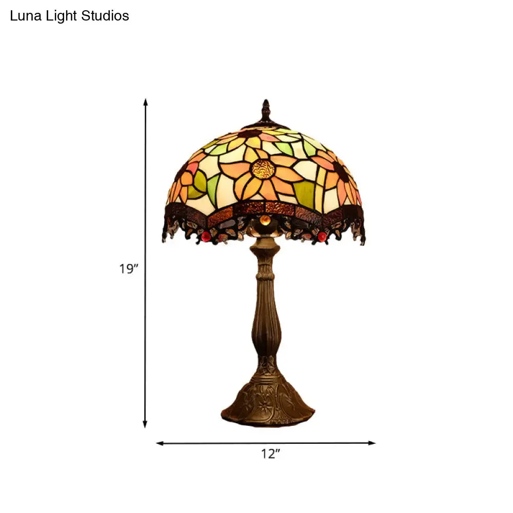 Baroque Bronze Stained Art Glass Nightstand Light for Bedroom - Scalloped 1-Light Floral Patterned Night Lamp