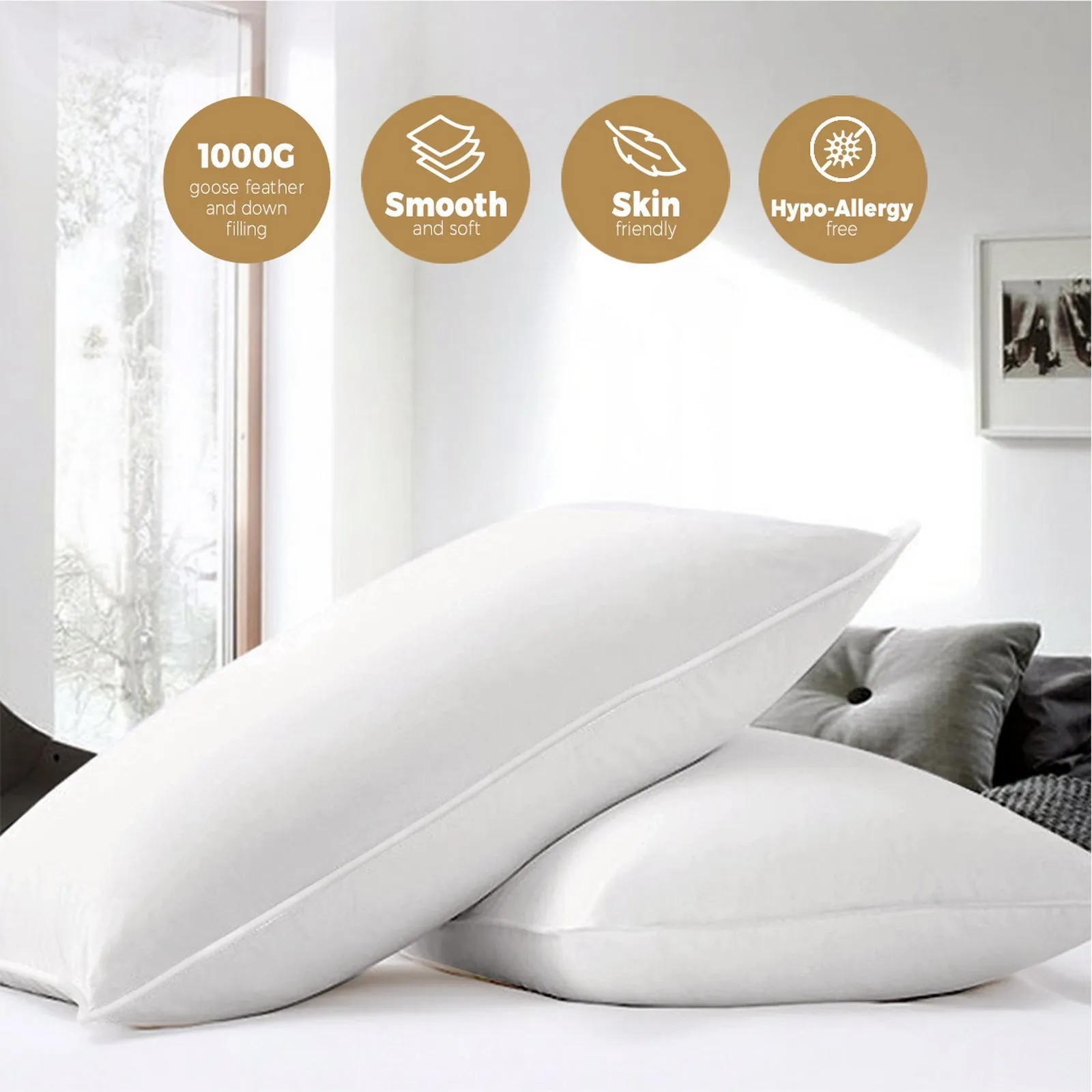 Bedra Bedding Pillow Goose Feather Down Pillows Twin Pack Standard Size Hotel