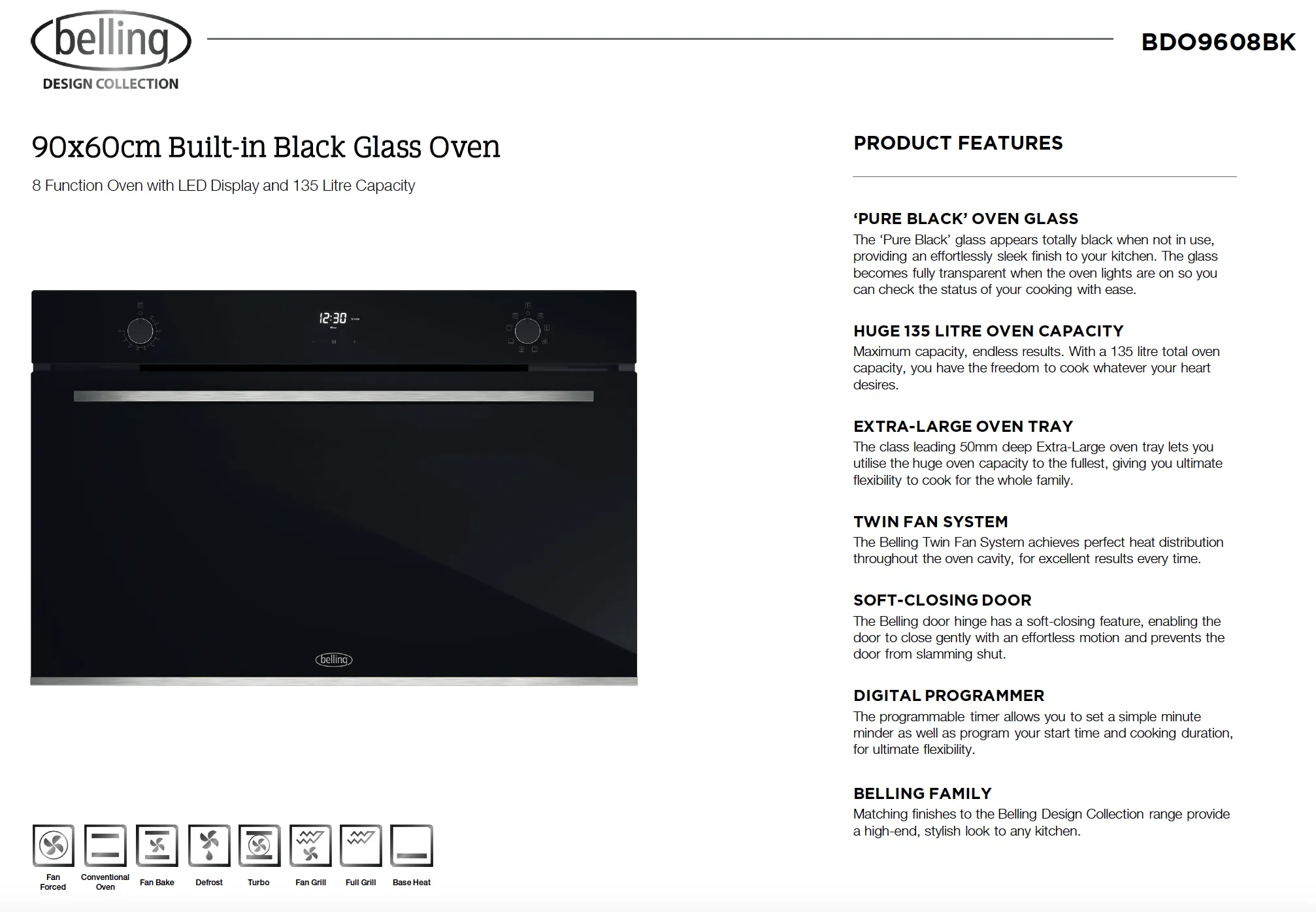 Belling BDO9608BK 90cm Built-in 8 Function Black Glass Oven - Made in Italy