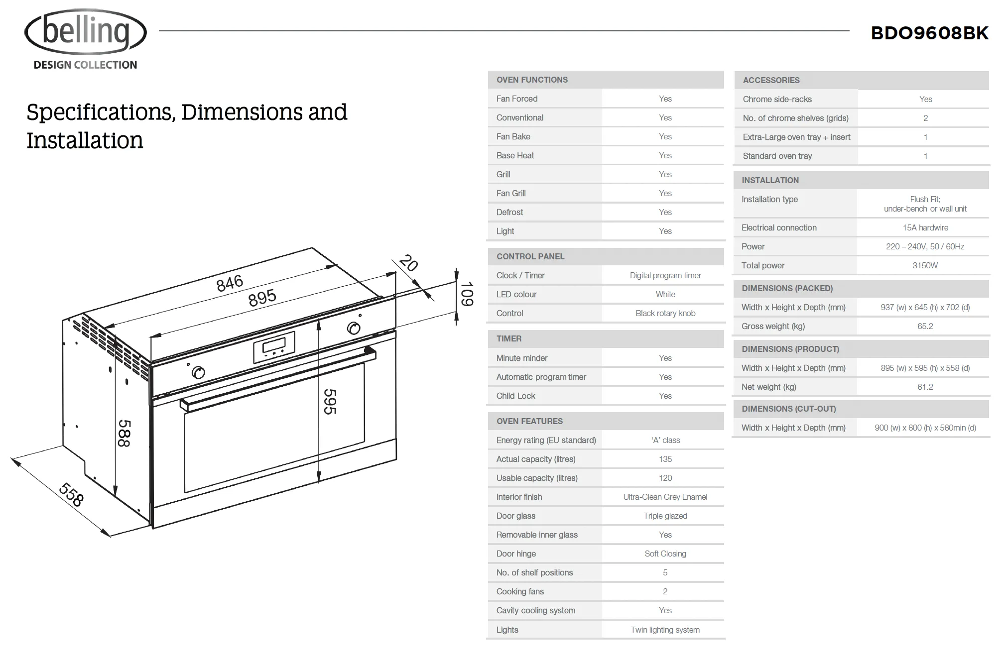 Belling BDO9608BK 90cm Built-in 8 Function Black Glass Oven - Made in Italy