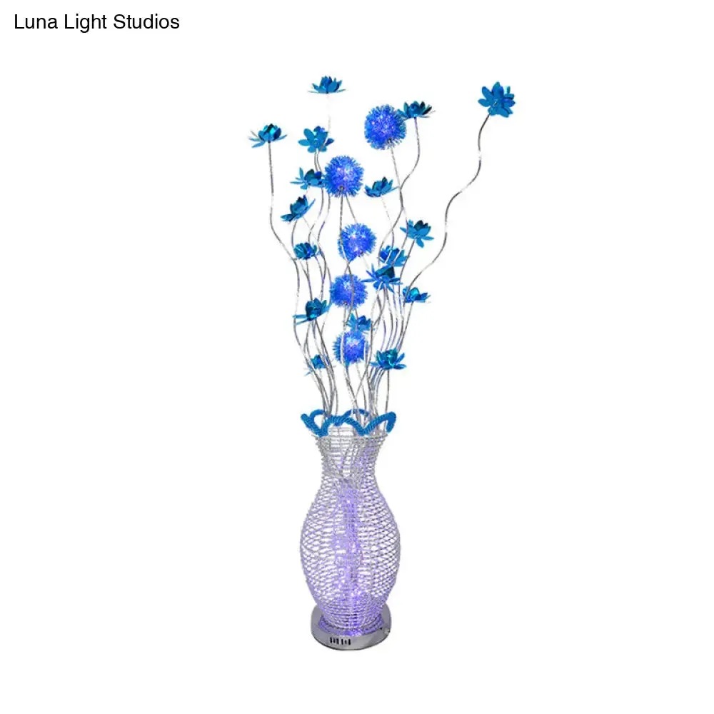 Blue LED Curvy Floor Lamp with Aluminum Urn and Floral Art Decor