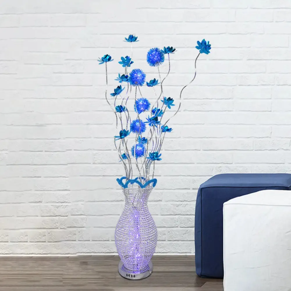 Blue LED Curvy Floor Lamp with Aluminum Urn and Floral Art Decor