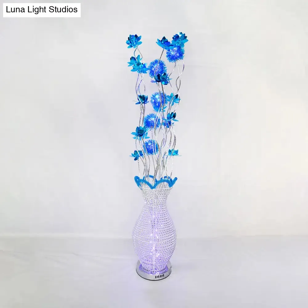 Blue LED Curvy Floor Lamp with Aluminum Urn and Floral Art Decor