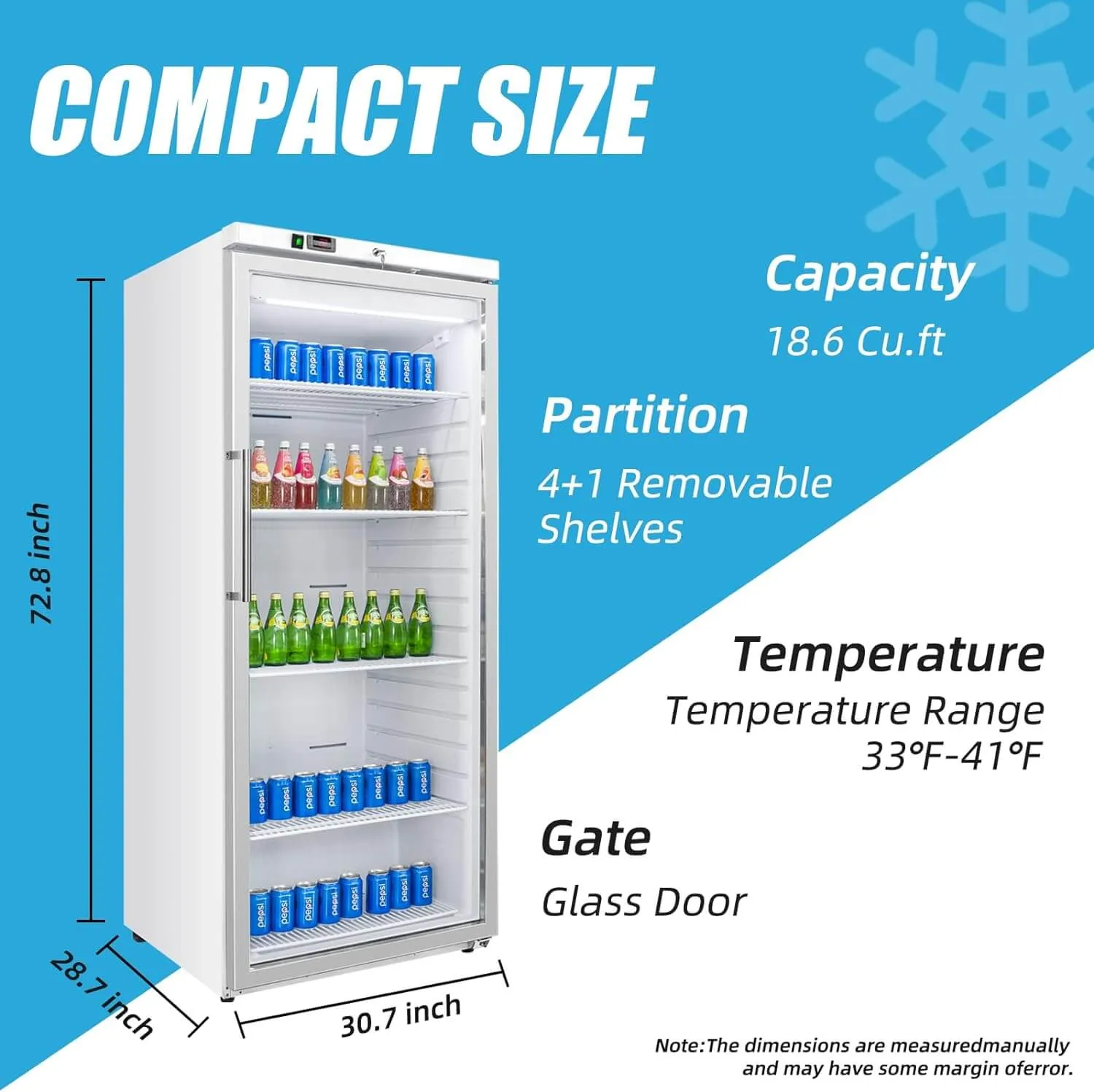 BLUELINETECH 18.6 Cu.ft Display Refrigerator 33-45℉ White Fan Cooling Beverage Cooler Fridge for Food and Beverage Refrigeration, Commercial Kitchen, Home, Canteen, Restaurant