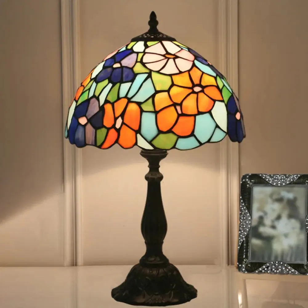 Brass Hand Cut Glass Nightstand Lamp - Bowl Shape with Baroque Bloom Pattern - 1 Light Table Light