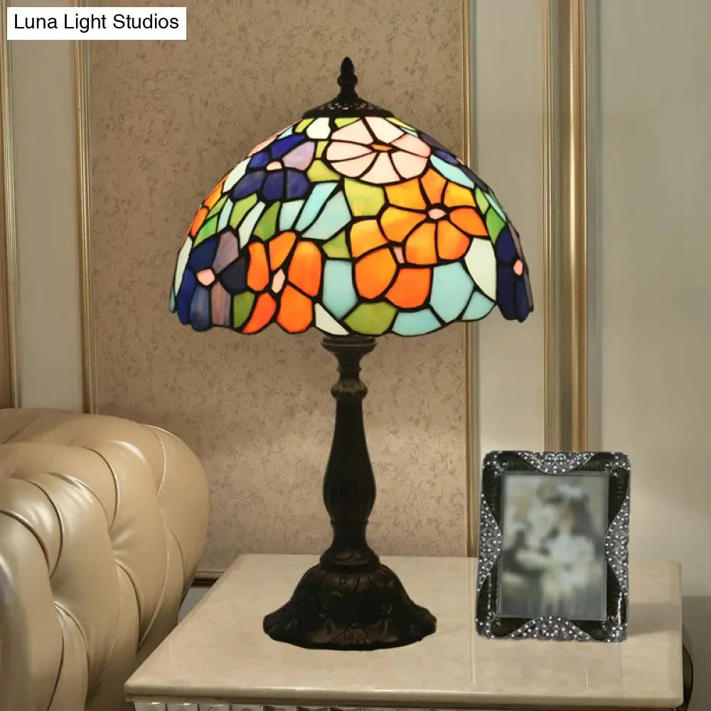 Brass Hand Cut Glass Nightstand Lamp - Bowl Shape with Baroque Bloom Pattern - 1 Light Table Light