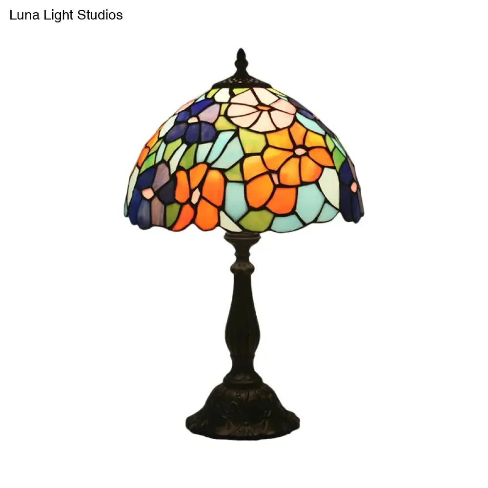 Brass Hand Cut Glass Nightstand Lamp - Bowl Shape with Baroque Bloom Pattern - 1 Light Table Light