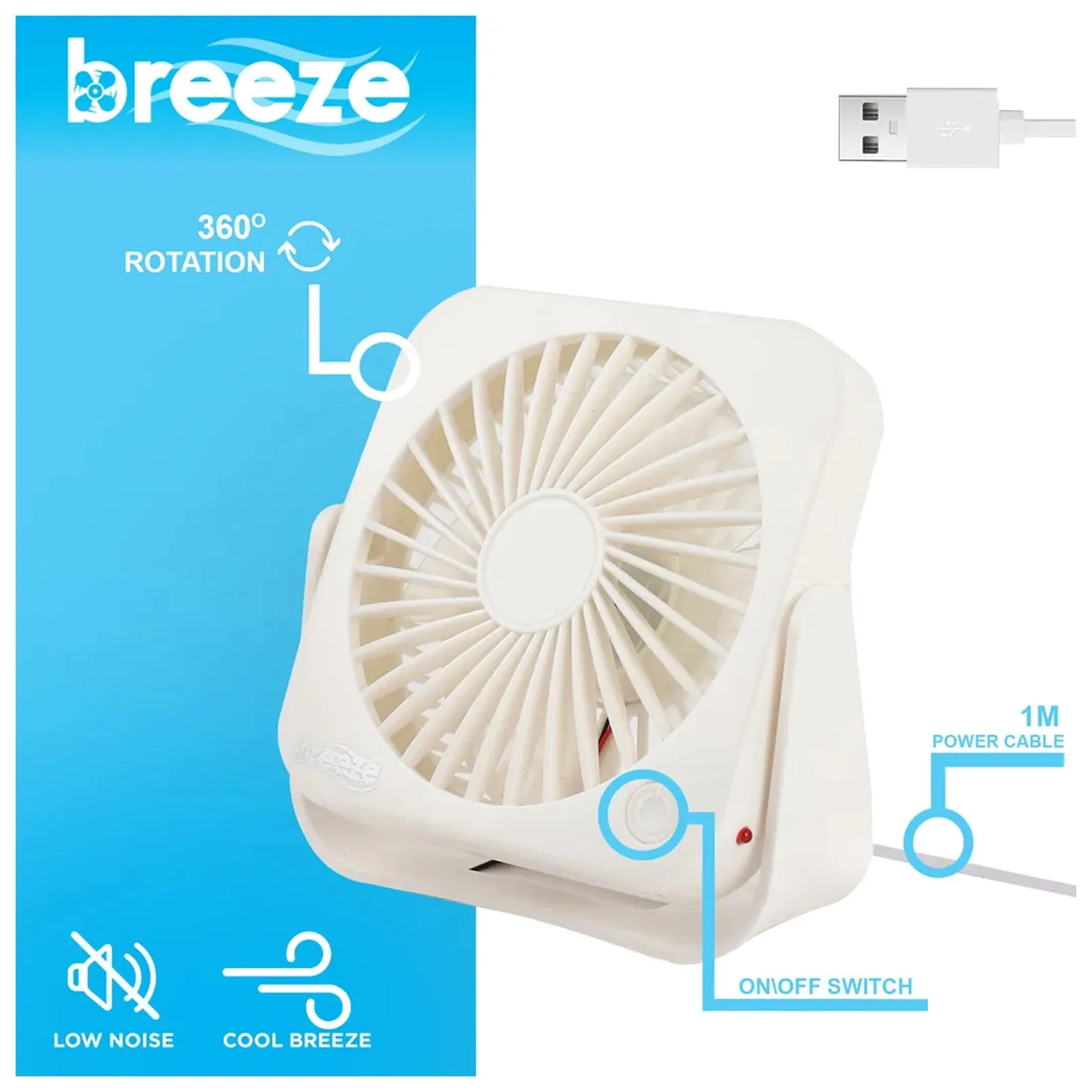 Breeze USB Powered White Mini Table Fan